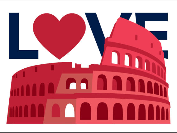 an Illustration of the Roman Colosseum with the word "LOVE", in capital letters, behind it. The letter "O" in the word "LOVE" is replaced with a heart, and the Colosseum is tinted red.