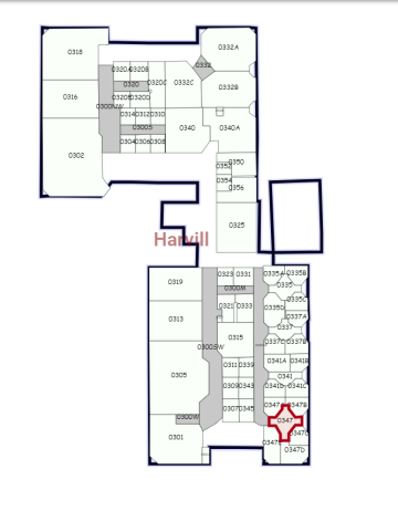 A map of the Harvill building.  The office is located in the center of a cluster of offices on the South East corner of the third floor of Harvill.